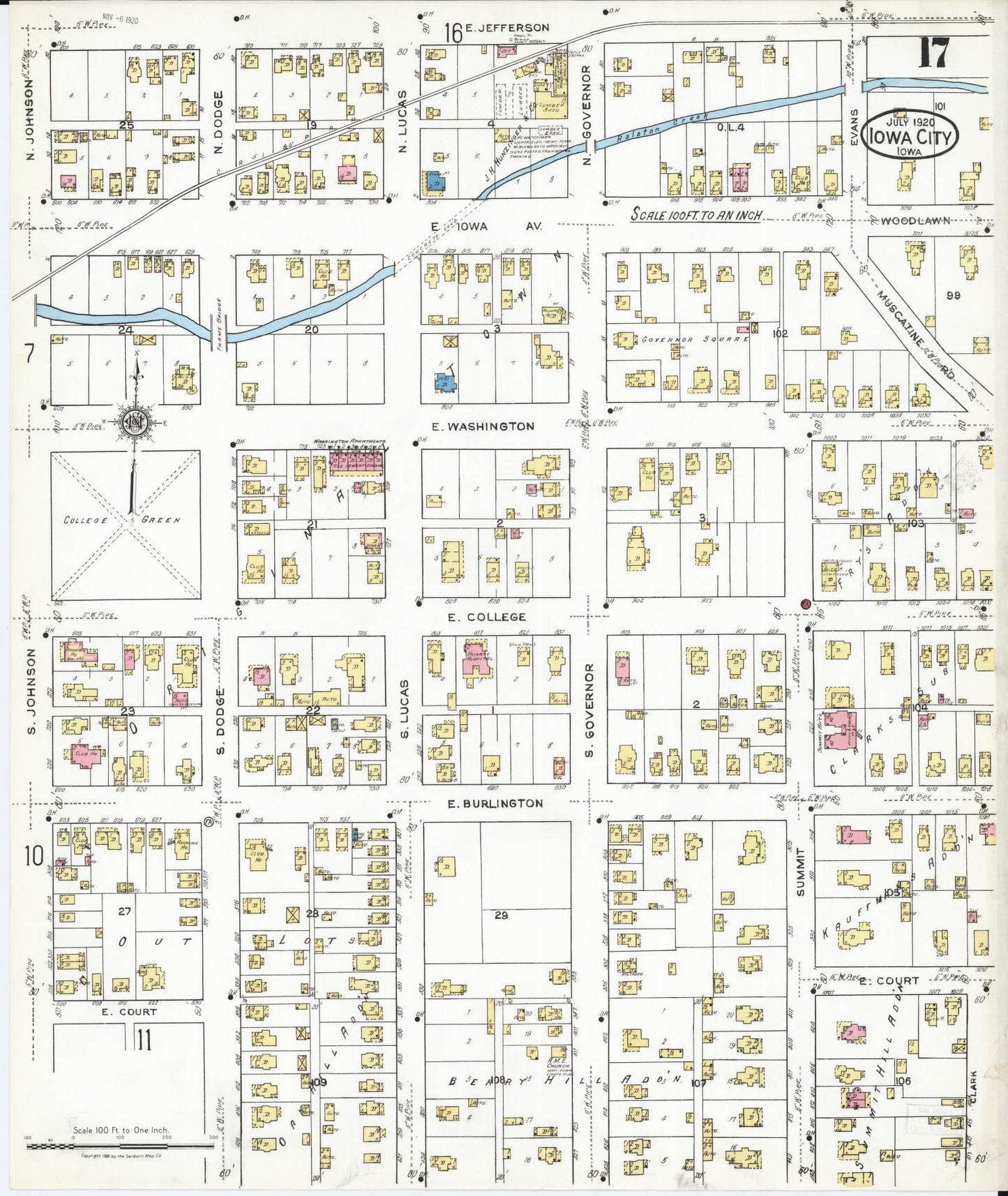 Sanborn Fire Insurance Map from Iowa City, Johnson County, Iowa (1920), Sheet #0017 - Historic Sanborn Fire Insurance Map Print, vintage old map wall art