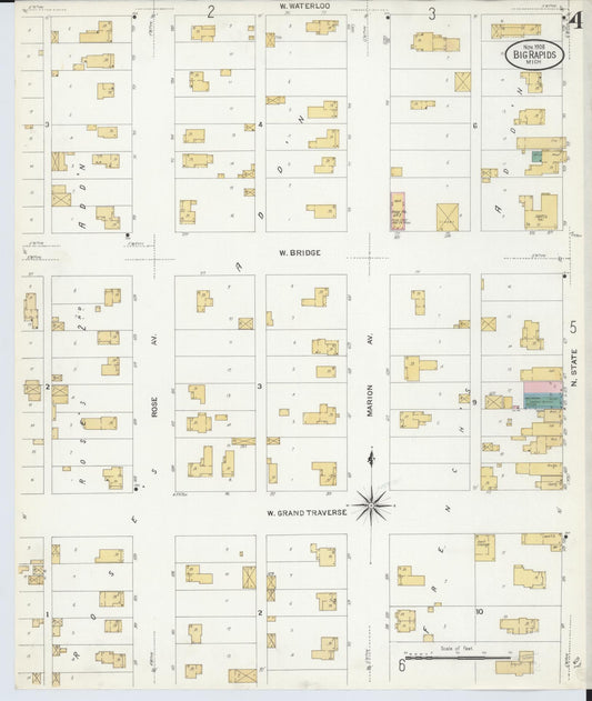 Sanborn Fire Insurance Map from Big Rapids, Mecosta County, Michigan (1908), Sheet #0004 - Historic Sanborn Fire Insurance Map Print, vintage old map wall art, antique decor, genealogy gift, Michigan Michigan map
