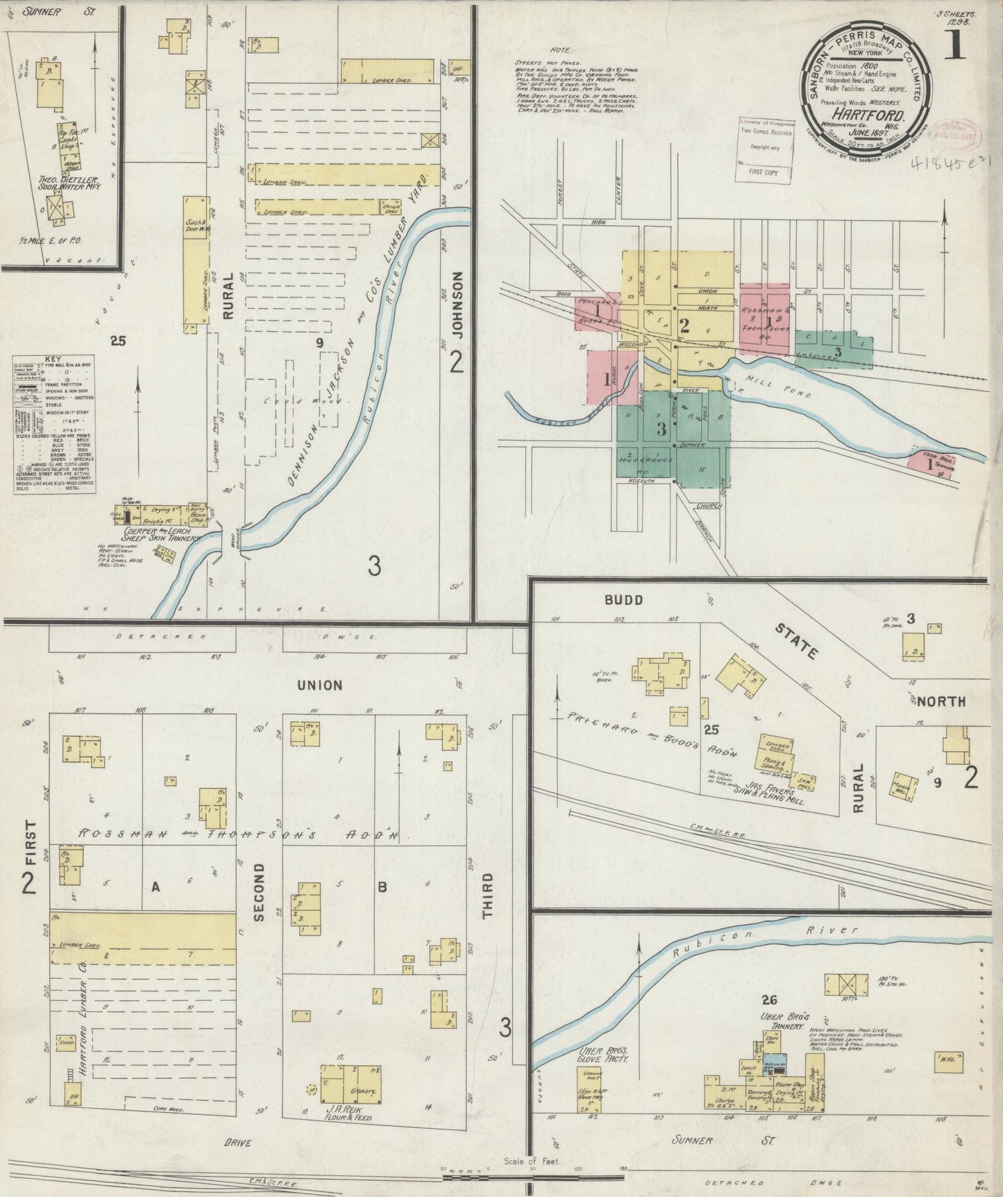 Sanborn Fire Insurance Map from Hartford, Washington County, Wisconsin (1897), Sheet #0001 - Complete Map Set gallery image, historic Sanborn map, vintage wall art, Wisconsin Wisconsin