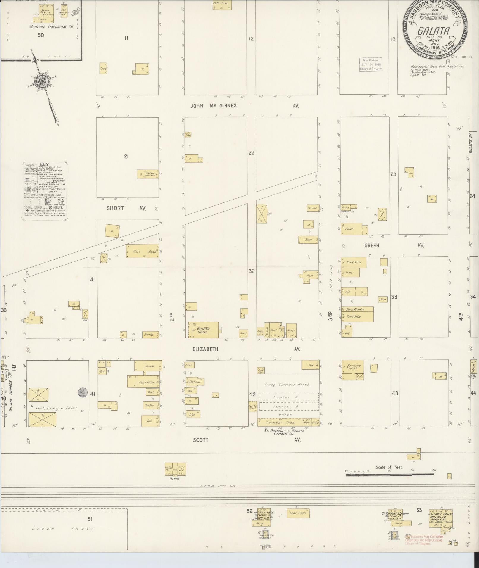 Sanborn Fire Insurance Map from Galata, Toole County, Montana (1916), Sheet #0001 - Historic Sanborn Fire Insurance Map Print, vintage old map wall art, antique decor, genealogy gift, Montana Montana map