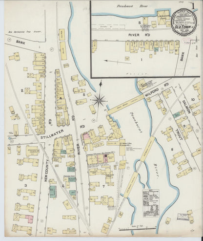 Sanborn Fire Insurance Map from Old Town, Penobscot County, Maine (1889), Sheet #0001 - Complete Map Set gallery image, historic Sanborn map, vintage wall art, Maine Maine