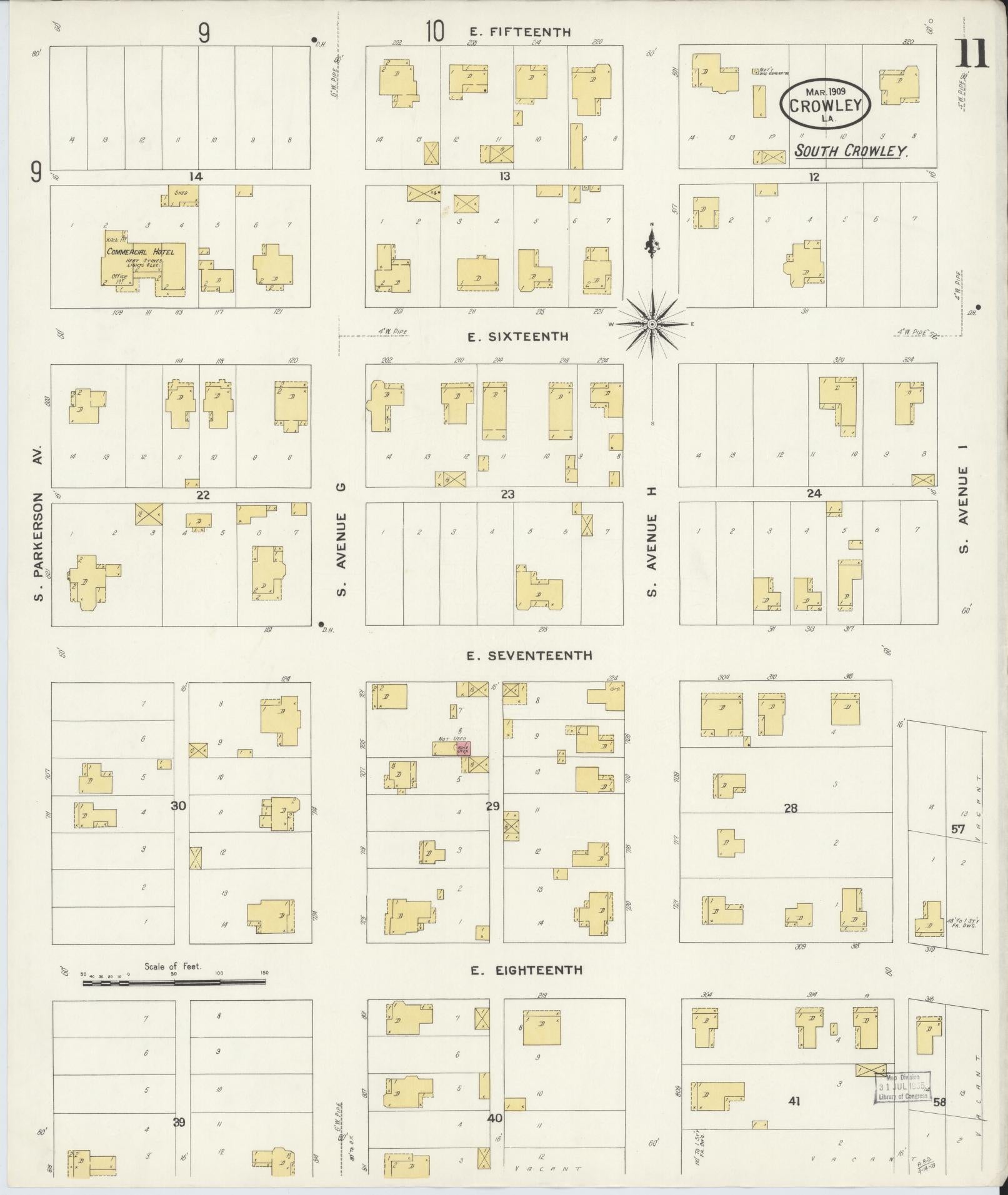 Sanborn Fire Insurance Map from Crowley, Acadia Parish, Louisiana (1909), Sheet #0011 - Historic Sanborn Fire Insurance Map Print, vintage old map wall art, antique decor, genealogy gift, Louisiana Louisiana map