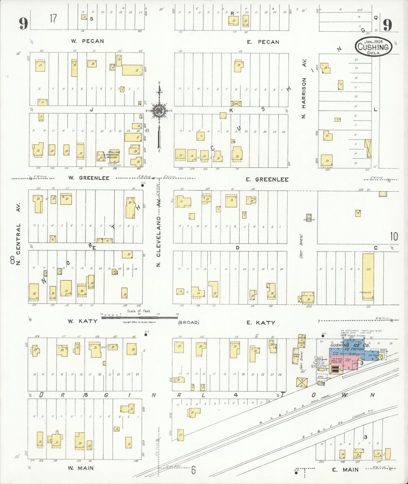 Sanborn Fire Insurance Map from Cushing, Payne County, Oklahoma (1924), Sheet #0009 - Complete Map Set gallery image, historic Sanborn map, vintage wall art, Oklahoma Oklahoma