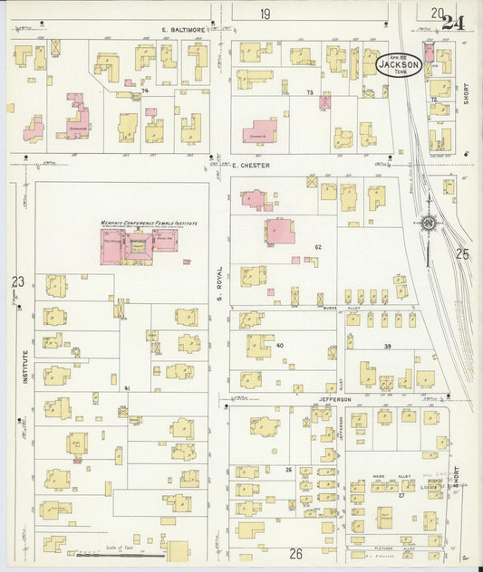 Sanborn Fire Insurance Map from Jackson, Madison County, Tennessee (1912), Sheet #0024 - Historic Sanborn Fire Insurance Map Print, vintage old map wall art, antique decor, genealogy gift, Tennessee Tennessee map