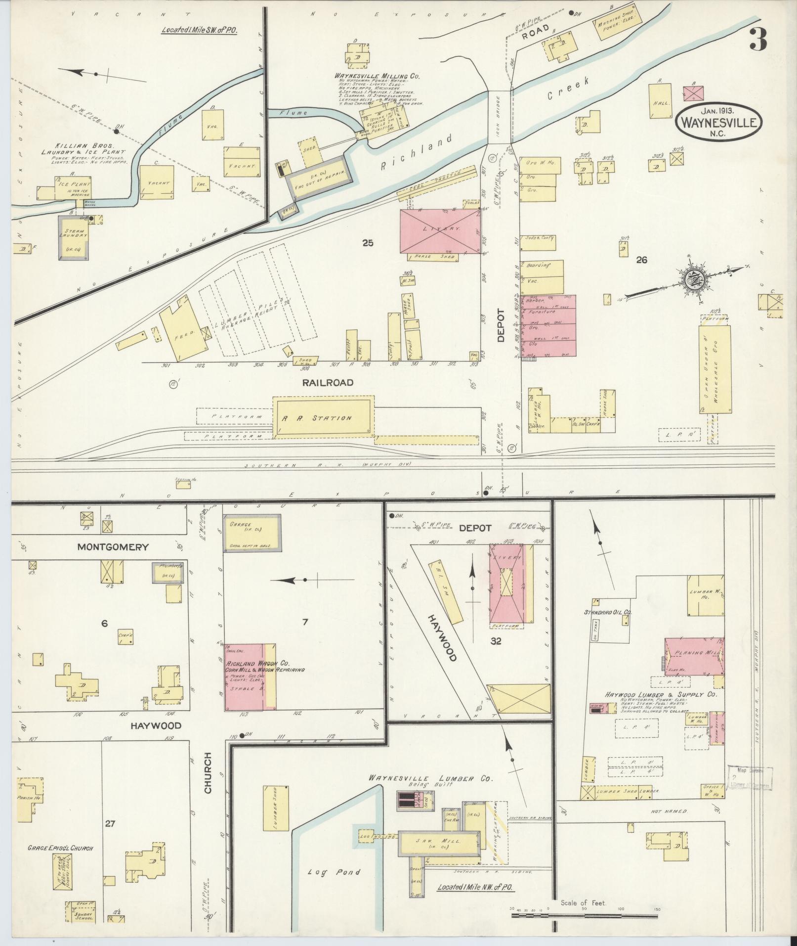 Sanborn Fire Insurance Map from Waynesville, Haywood County, North Carolina (1913), Sheet #0003 - Complete Map Set gallery image, historic Sanborn map, vintage wall art, North Carolina North Carolina