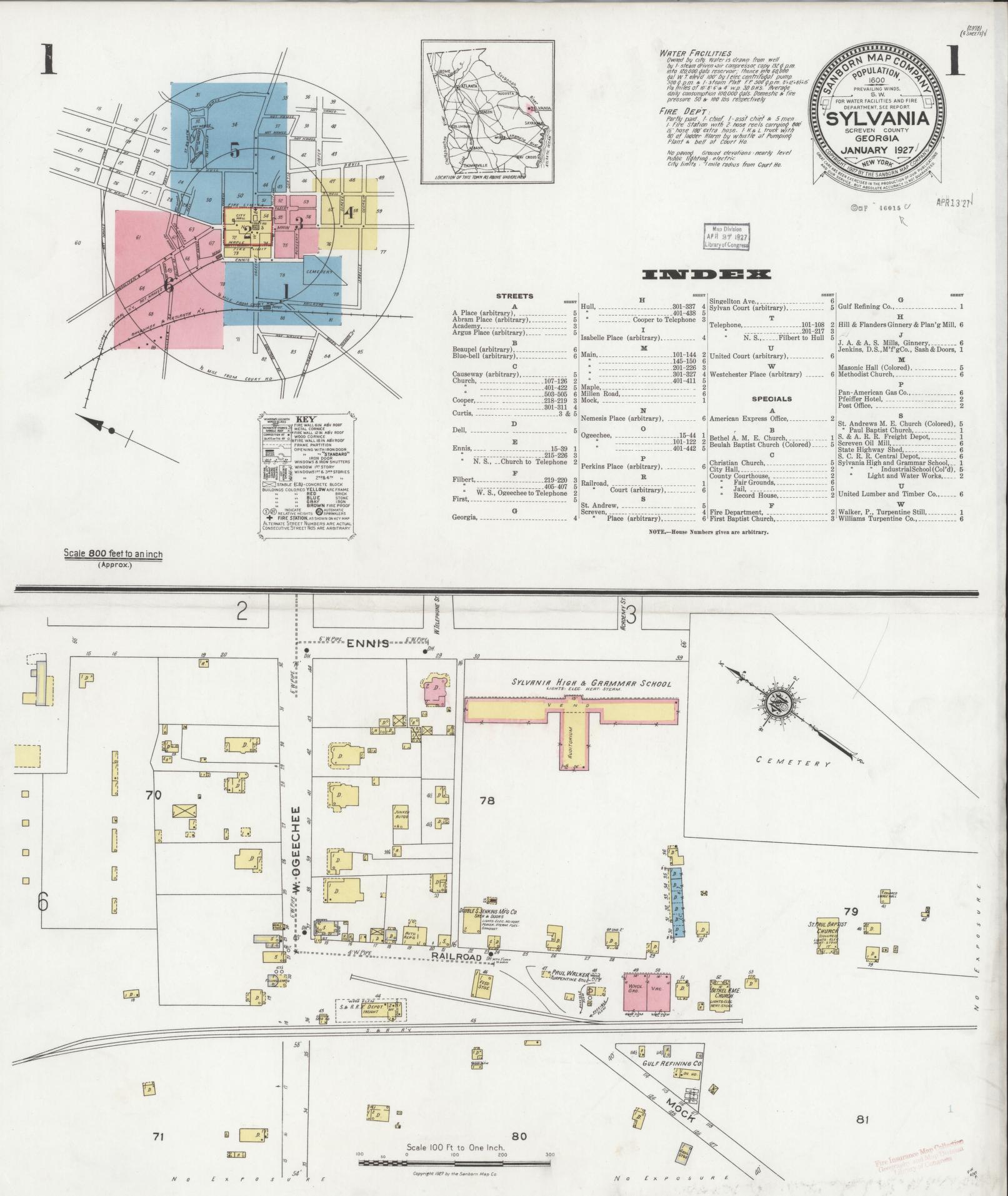 Sanborn Fire Insurance Map from Sylvania, Screven County, Georgia (1927), Sheet #0001 - Historic Sanborn Fire Insurance Map Print, vintage old map wall art, antique decor, genealogy gift, Georgia Georgia map