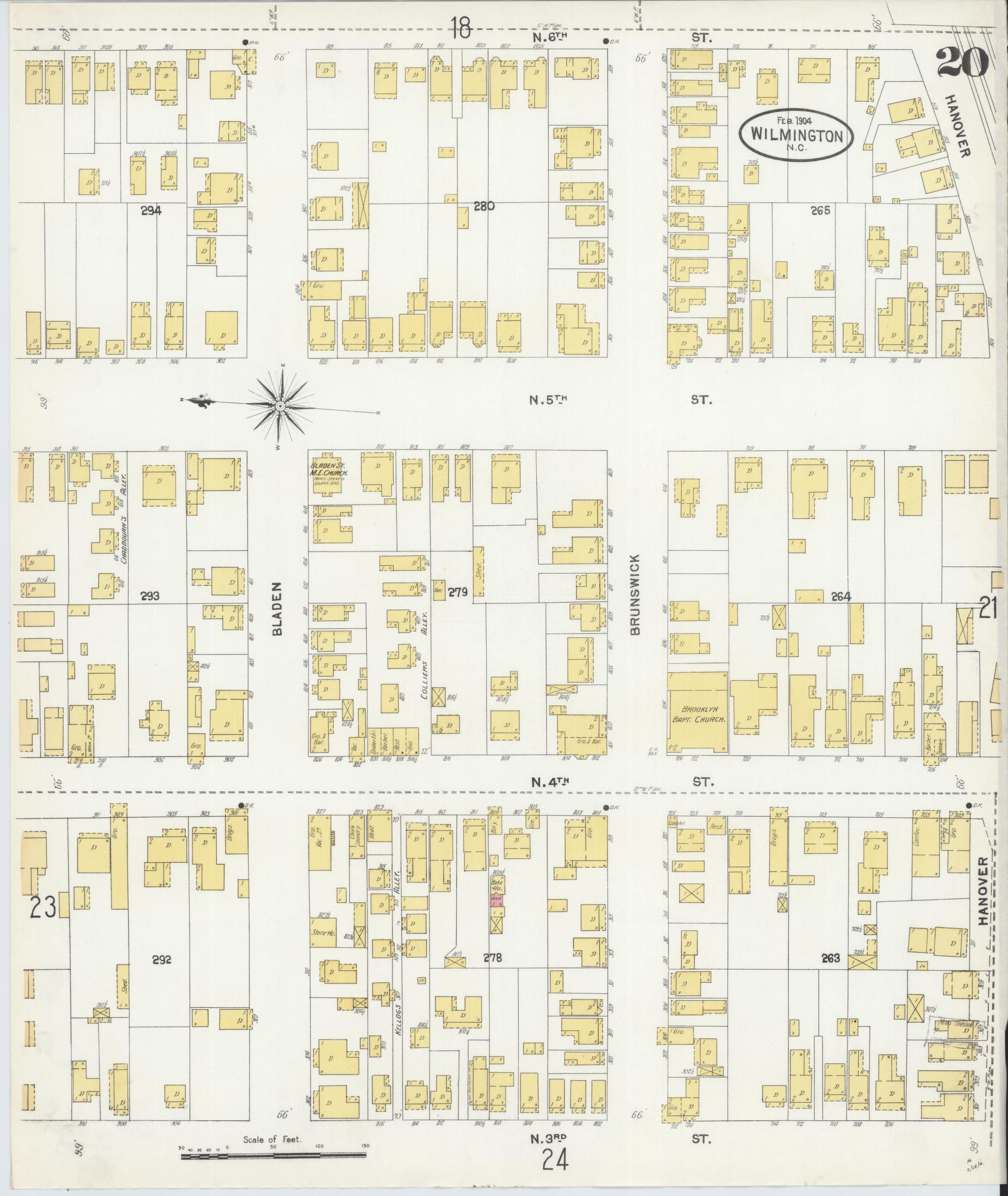 Sanborn Fire Insurance Map from Wilmington, New Hanover County, North Carolina (1904), Sheet #0020 - Historic Sanborn Fire Insurance Map Print, vintage old map wall art, antique decor, genealogy gift, North Carolina North Carolina map