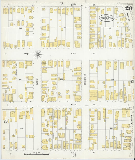 Sanborn Fire Insurance Map from Wilmington, New Hanover County, North Carolina (1904), Sheet #0020 - Historic Sanborn Fire Insurance Map Print, vintage old map wall art, antique decor, genealogy gift, North Carolina North Carolina map