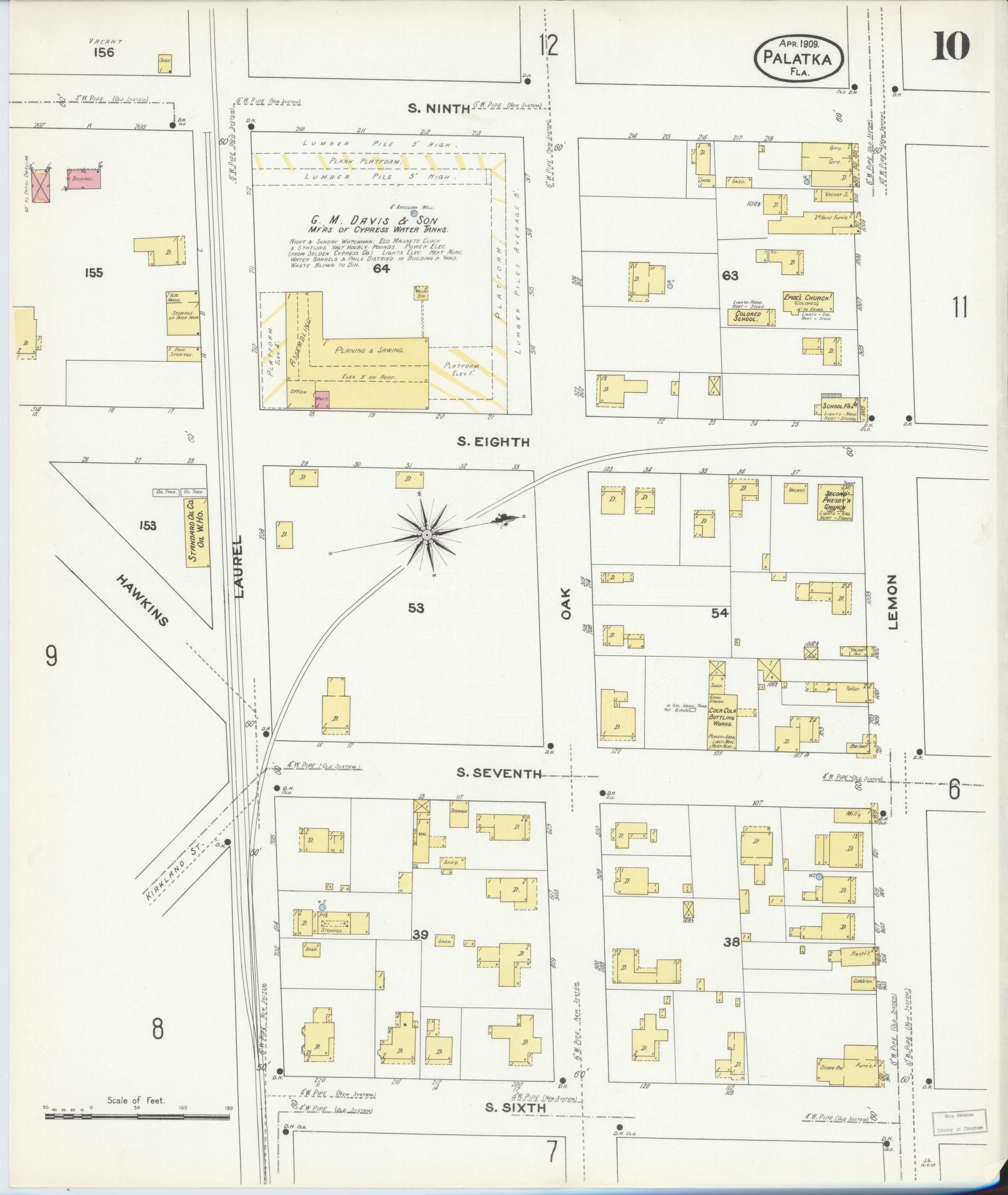 Sanborn Fire Insurance Map from Palatka, Putnam County, Florida (1909), Sheet #0010 - Complete Map Set gallery image, historic Sanborn map, vintage wall art, Florida Florida