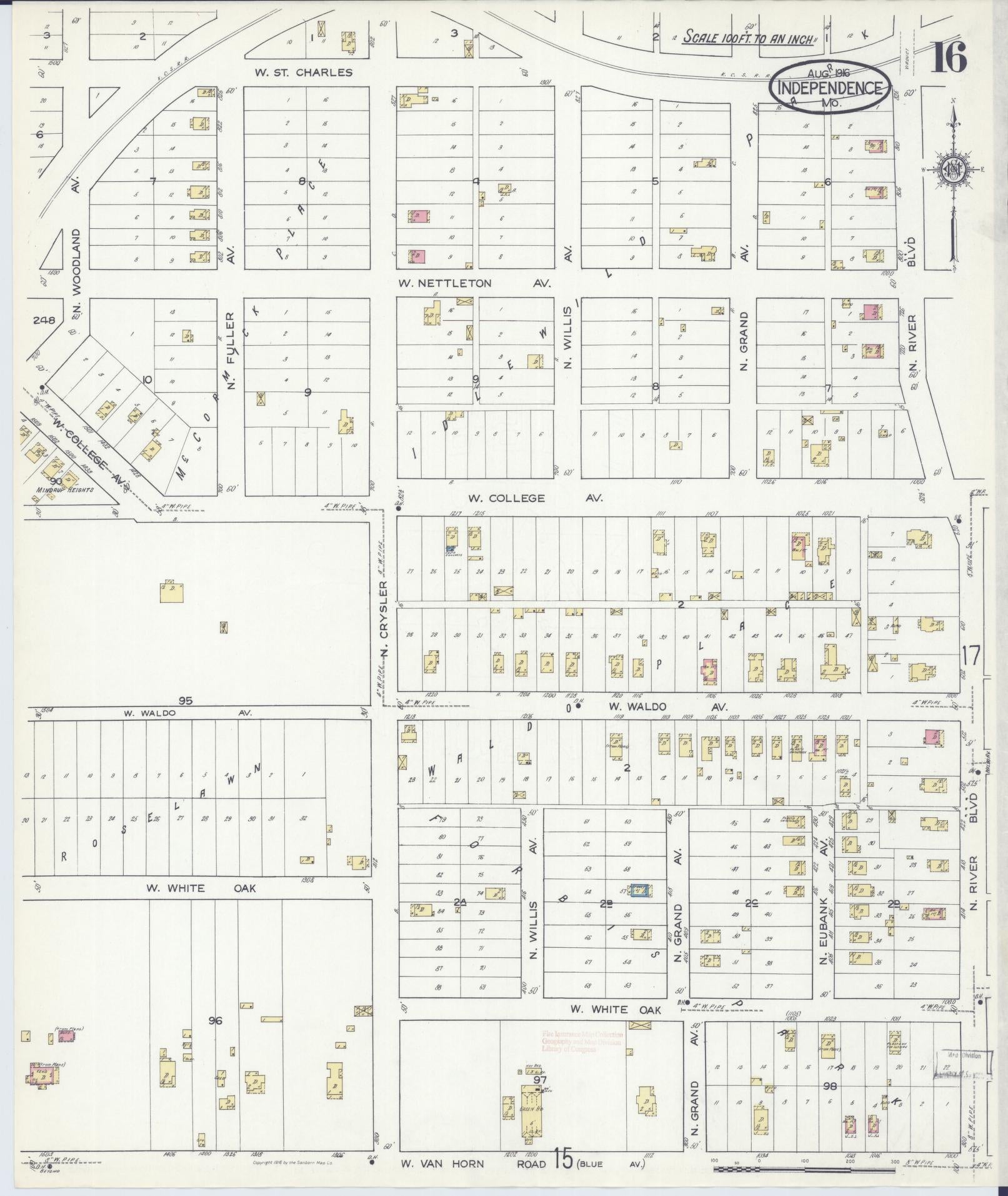 Sanborn Fire Insurance Map from Independence, Jackson County, Missouri (1916), Sheet #0016 - Historic Sanborn Fire Insurance Map Print, vintage old map wall art, antique decor, genealogy gift, Missouri Missouri map