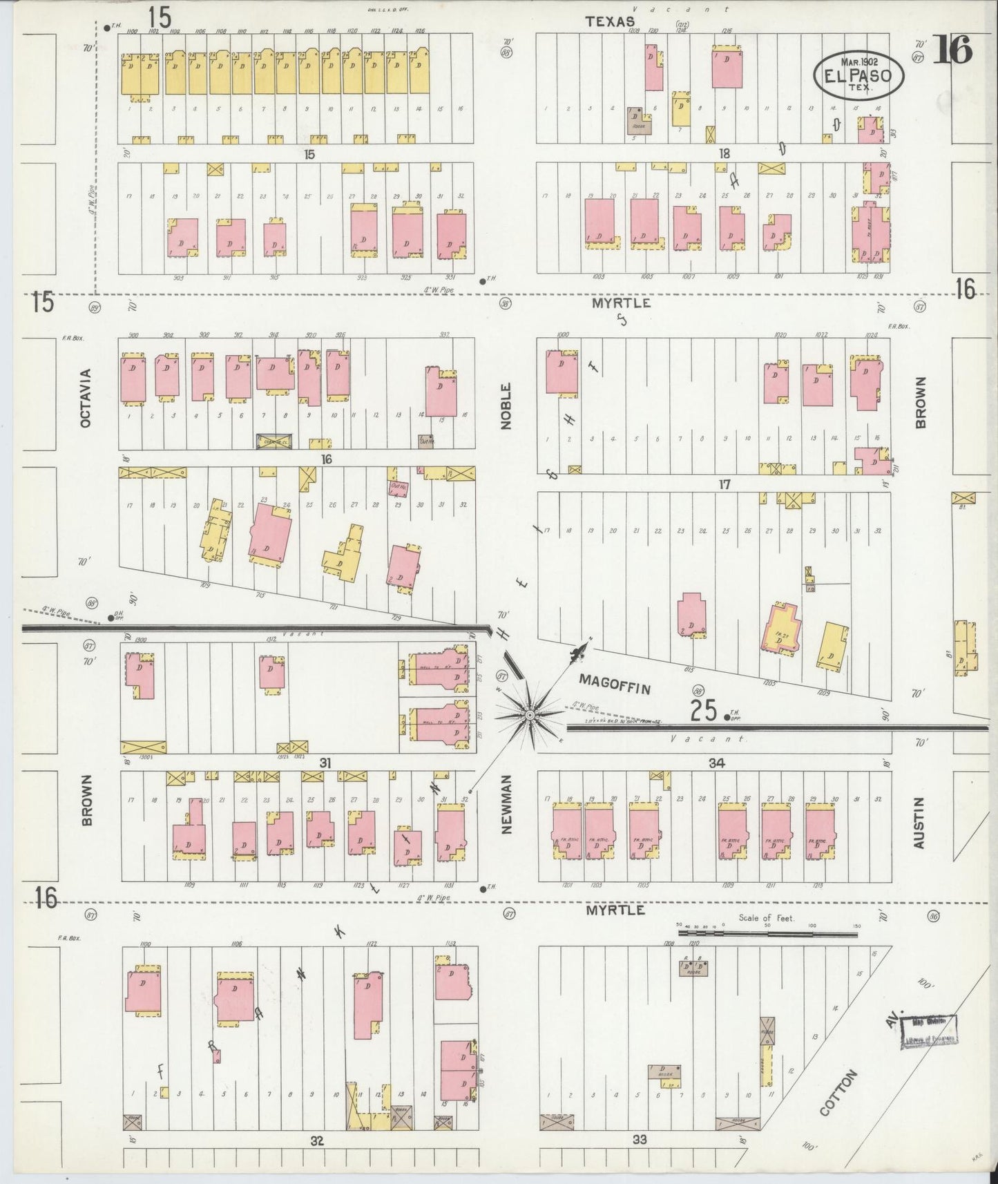 Sanborn Fire Insurance Map from El Paso, El Paso County, Texas (1902), Sheet #0016 - Complete Map Set gallery image, historic Sanborn map, vintage wall art, Texas Texas