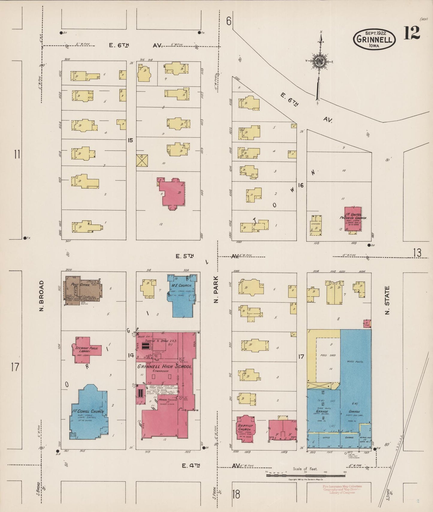 Sanborn Fire Insurance Map from Grinnell, Poweshiek County, Iowa (1922), Sheet #0012 - Historic Sanborn Fire Insurance Map Print, vintage old map wall art