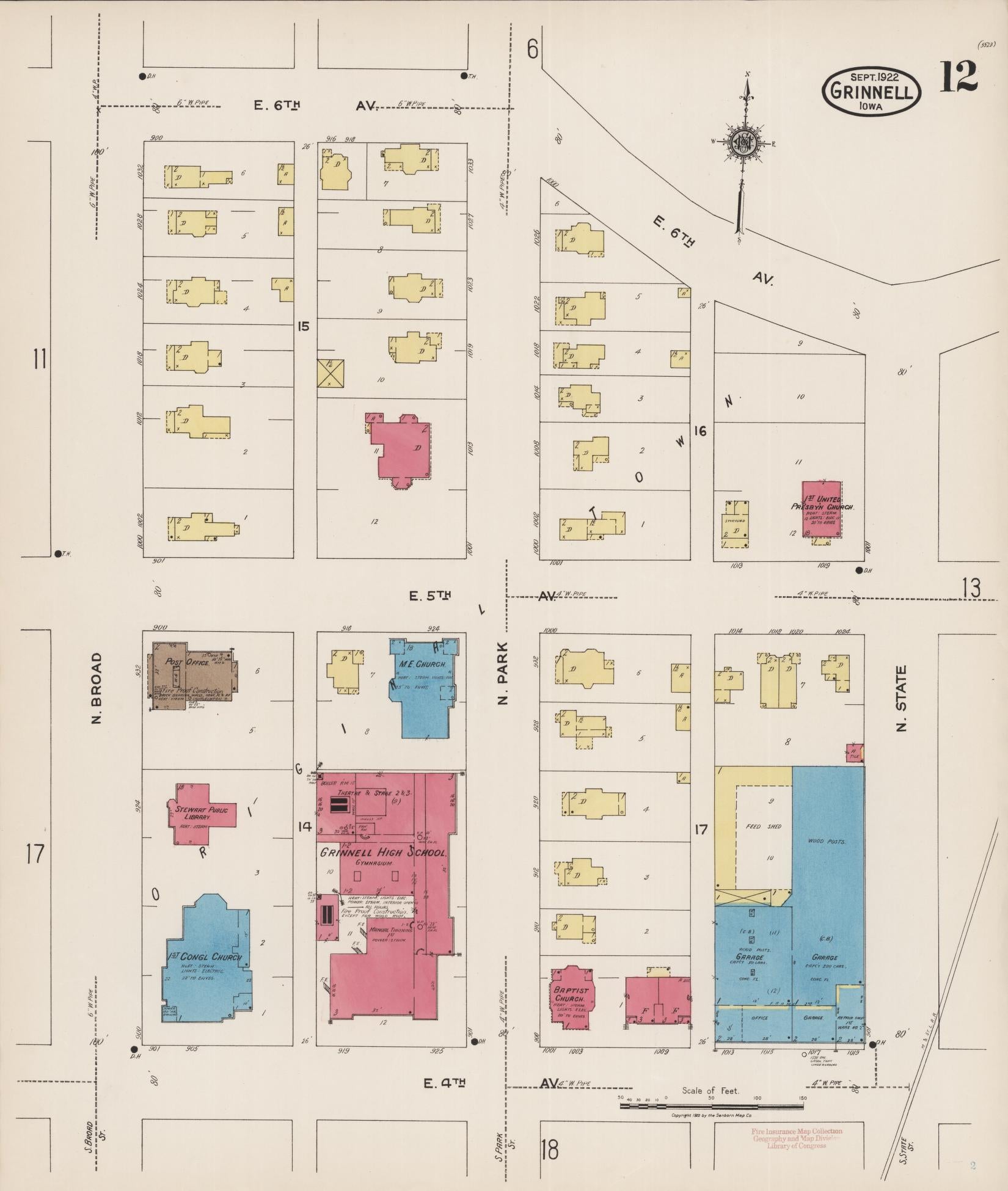 Sanborn Fire Insurance Map from Grinnell, Poweshiek County, Iowa (1922), Sheet #0012 - Historic Sanborn Fire Insurance Map Print, vintage old map wall art
