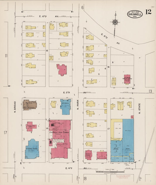 Sanborn Fire Insurance Map from Grinnell, Poweshiek County, Iowa (1922), Sheet #0012 - Historic Sanborn Fire Insurance Map Print, vintage old map wall art