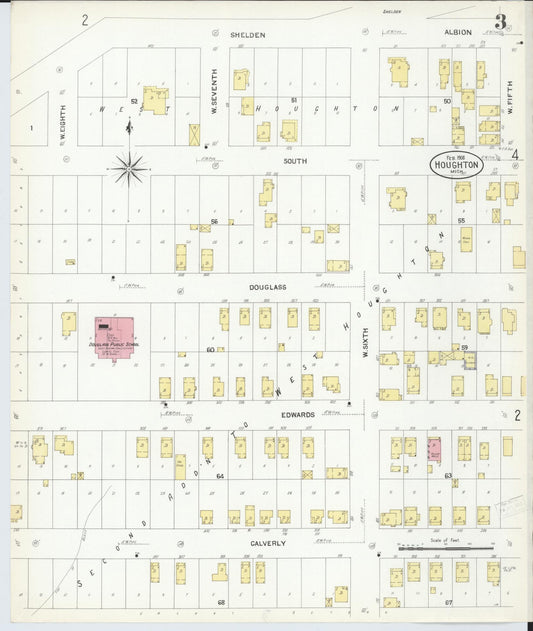 Sanborn Fire Insurance Map from Houghton, Houghton County, Michigan (1908), Sheet #0003 - Historic Sanborn Fire Insurance Map Print, vintage old map wall art, antique decor, genealogy gift, Michigan Michigan map