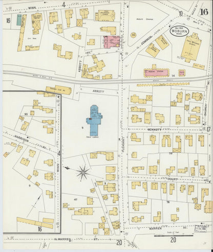 Sanborn Fire Insurance Map from Woburn, Middlesex County, Massachusetts (1904), Sheet #0016 - Historic Sanborn Fire Insurance Map Print, vintage old map wall art, antique decor, genealogy gift, Massachusetts Massachusetts map