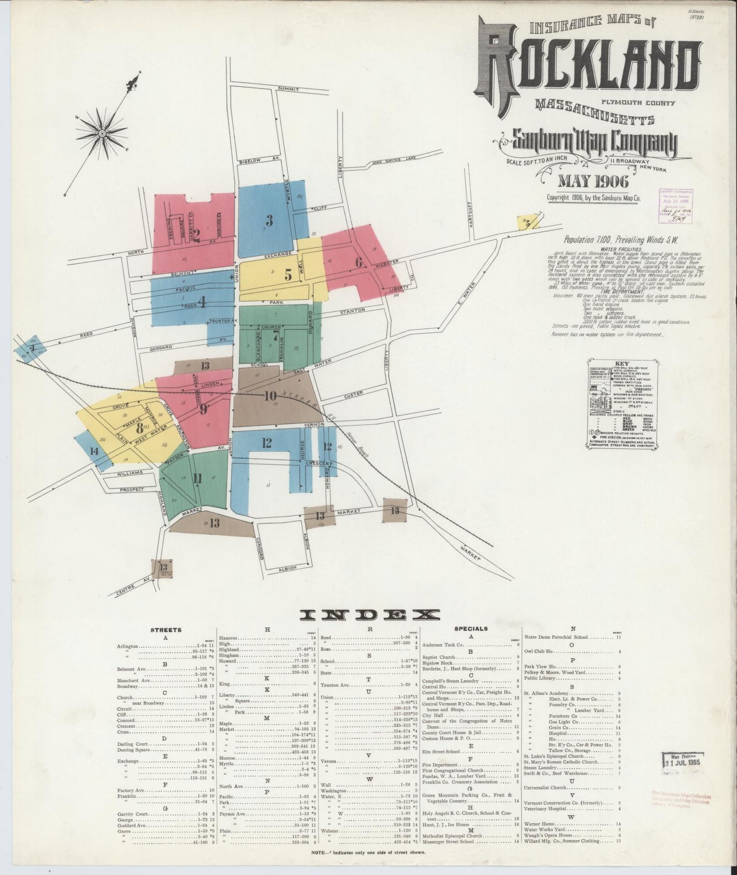 Sanborn Fire Insurance Map from Rockland, Plymouth County, Massachusetts (1906), Sheet #0001 - Historic Sanborn Fire Insurance Map Print, vintage old map wall art, antique decor, genealogy gift, Massachusetts Massachusetts map