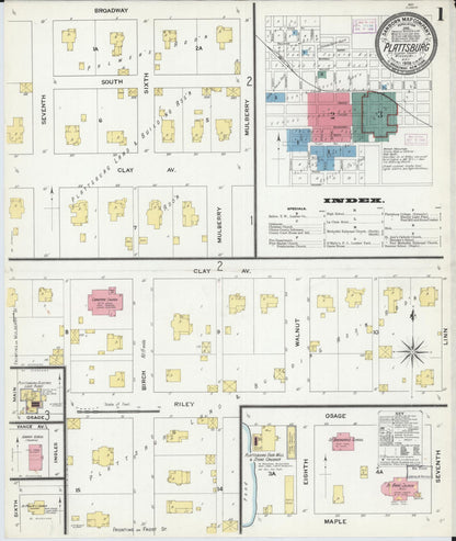 Sanborn Fire Insurance Map from Plattsburg, Clinton County, Missouri (1909), Sheet #0001 - Complete Map Set gallery image, historic Sanborn map, vintage wall art, Missouri Missouri
