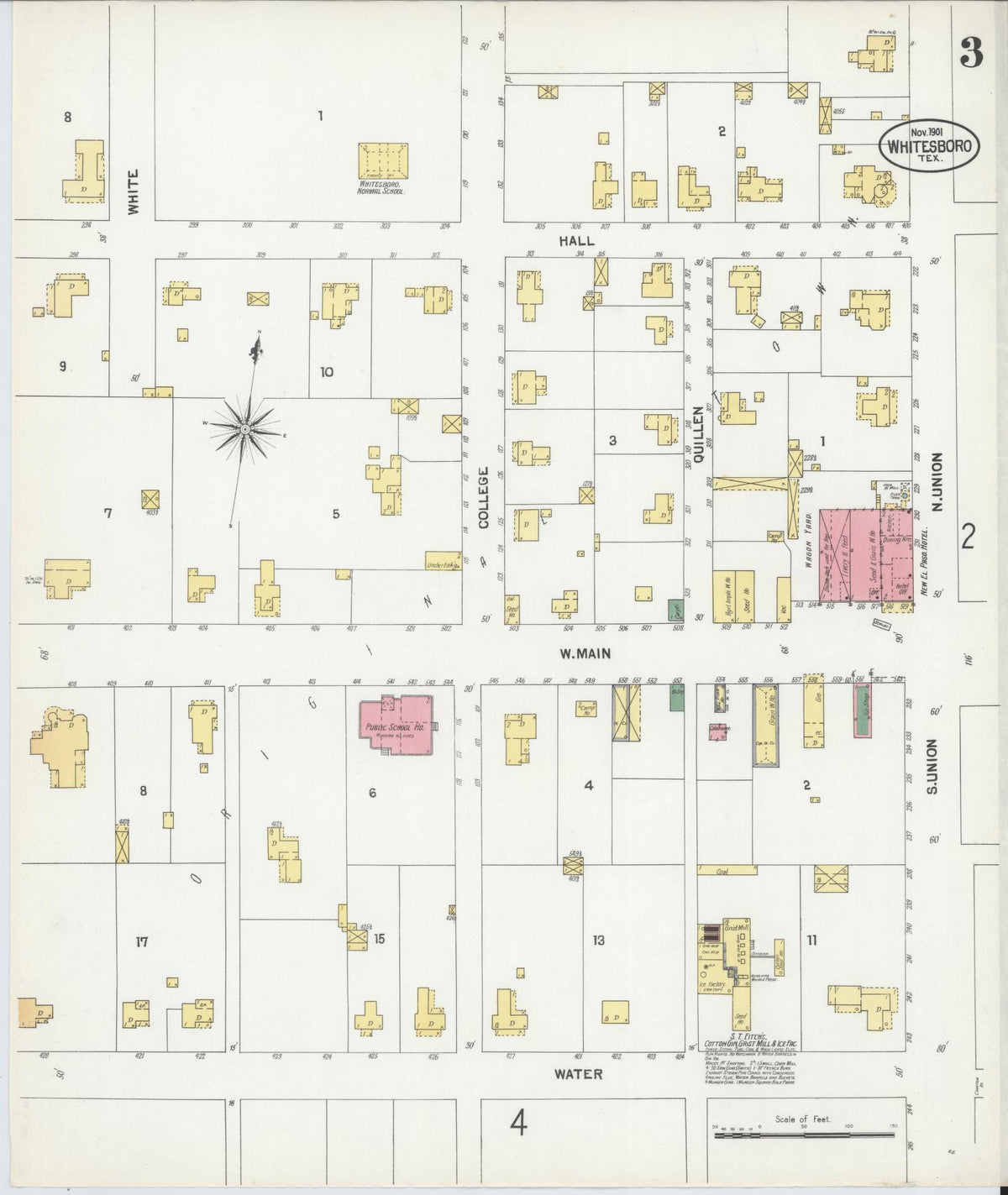 Sanborn Fire Insurance Map from Whitesboro, Grayson County, Texas (1901), Sheet #0003 - Historic Sanborn Fire Insurance Map Print, vintage old map wall art, antique decor, genealogy gift, Texas Texas map