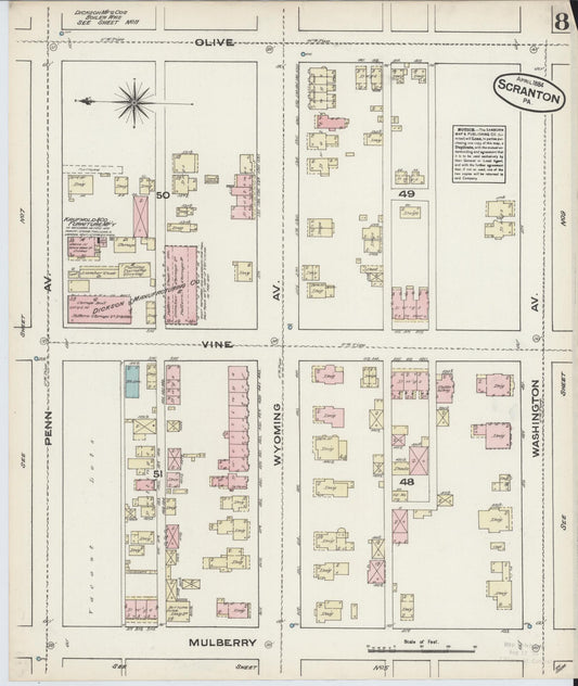Sanborn Fire Insurance Map from Scranton, Lackawanna County, Pennsylvania (1884), Sheet #0008 - Historic Sanborn Fire Insurance Map Print, vintage old map wall art, antique decor, genealogy gift, Pennsylvania Pennsylvania map