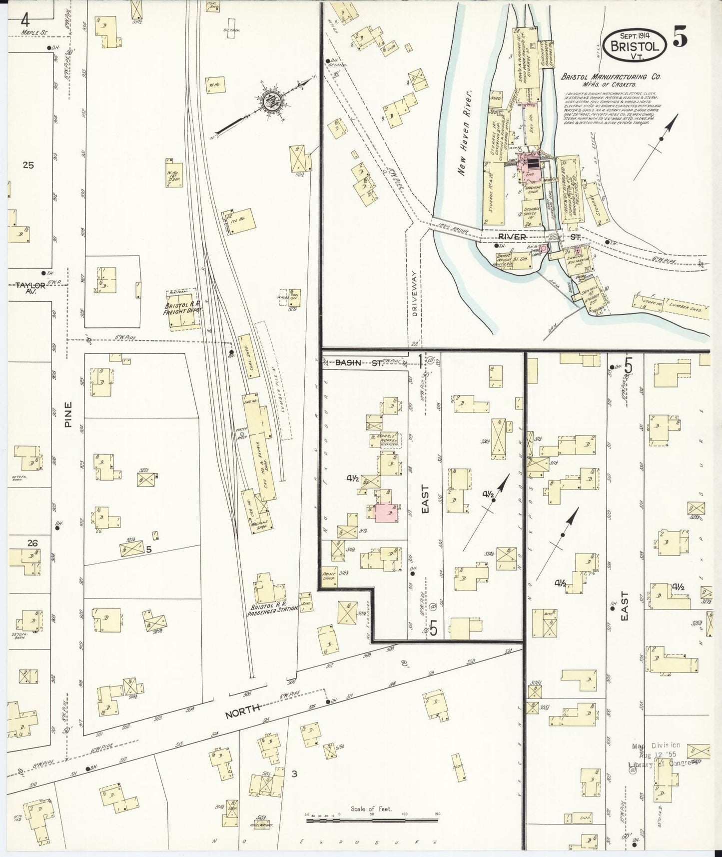 Sanborn Fire Insurance Map from Bristol, Addison County, Vermont (1914), Sheet #0005 - Historic Sanborn Fire Insurance Map Print, vintage old map wall art, antique decor, genealogy gift, Vermont Vermont map