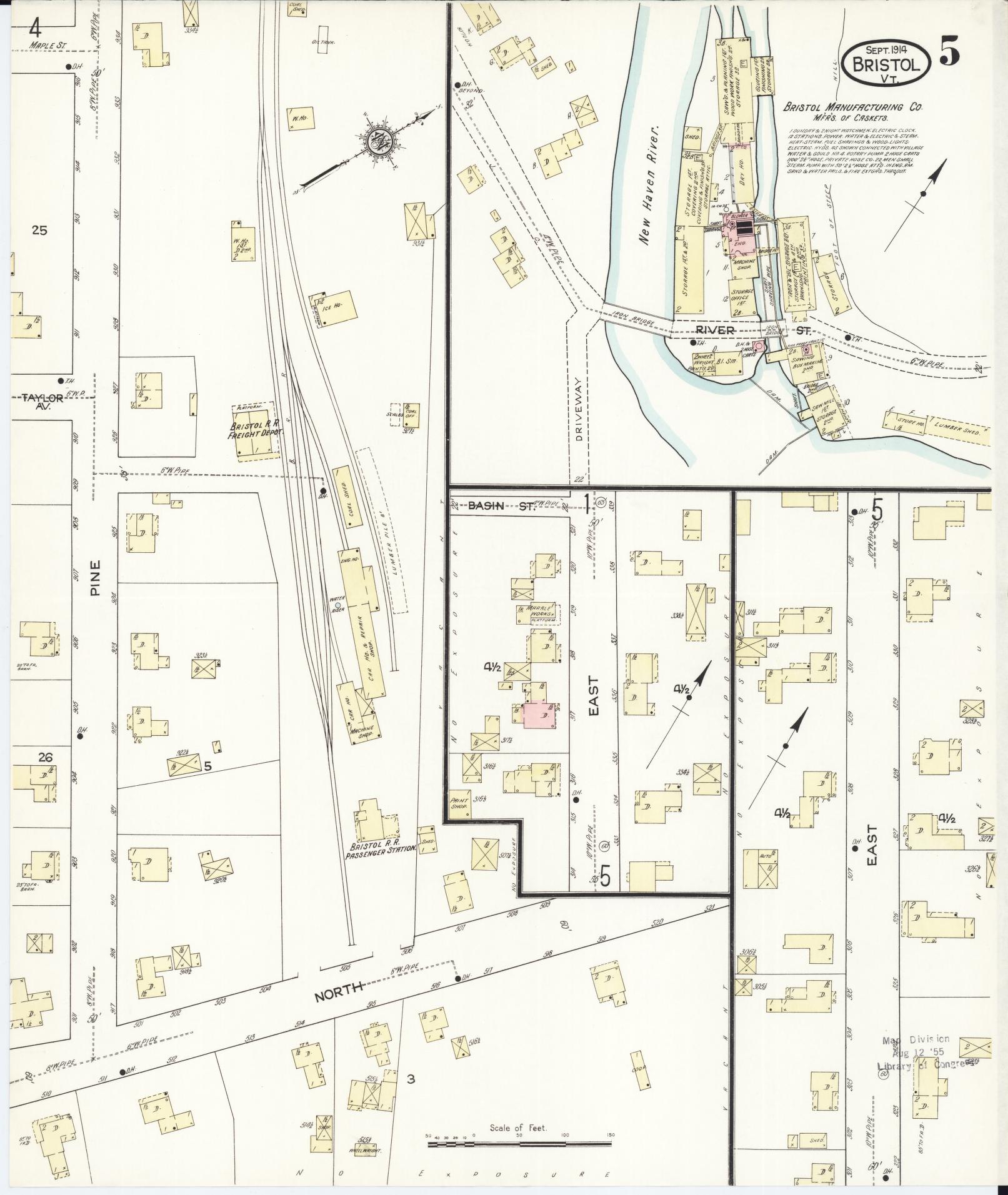 Sanborn Fire Insurance Map from Bristol, Addison County, Vermont (1914), Sheet #0005 - Historic Sanborn Fire Insurance Map Print, vintage old map wall art, antique decor, genealogy gift, Vermont Vermont map