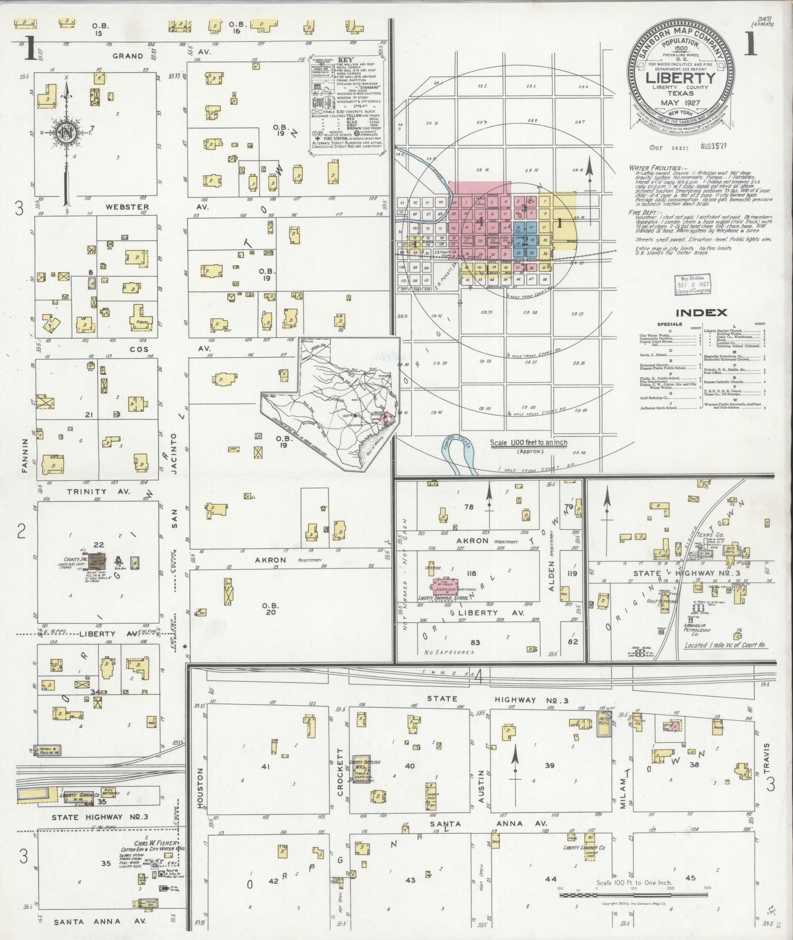 Sanborn Fire Insurance Map from Liberty, Liberty County, Texas (1927), Sheet #0001 - Complete Map Set gallery image, historic Sanborn map, vintage wall art, Texas Texas