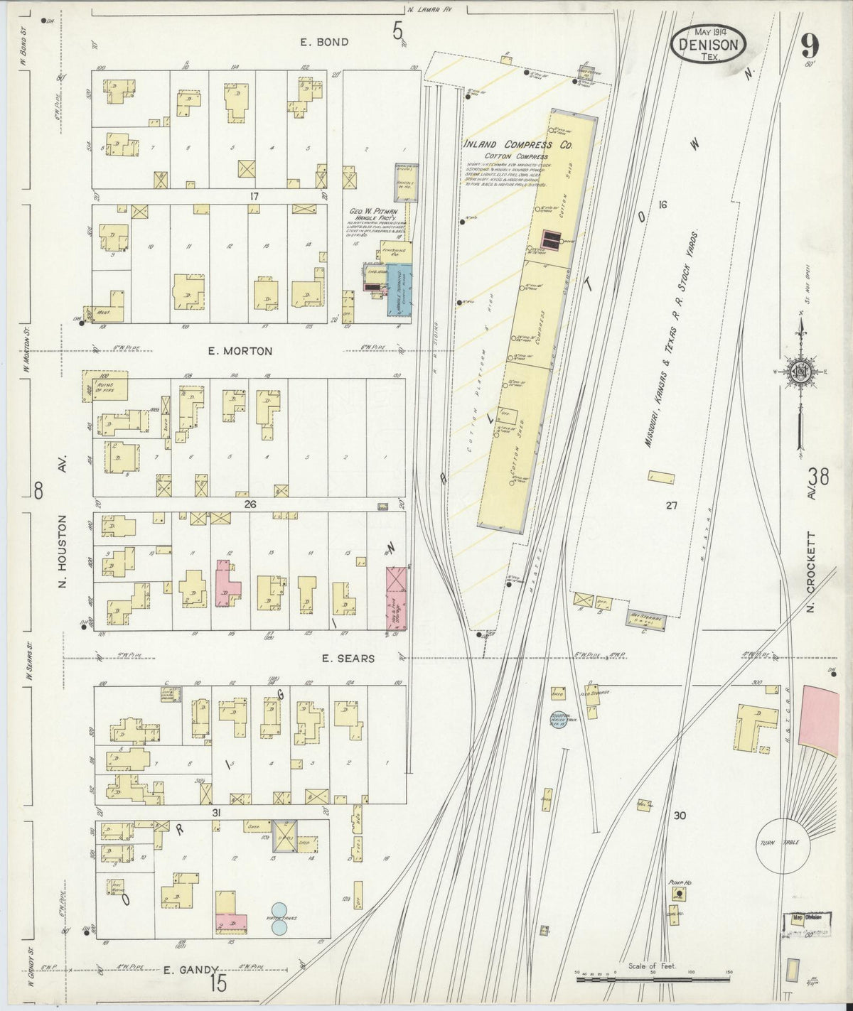 Sanborn Fire Insurance Map from Denison, Grayson County, Texas (1914), Sheet #0009 - Complete Map Set gallery image, historic Sanborn map, vintage wall art, Texas Texas