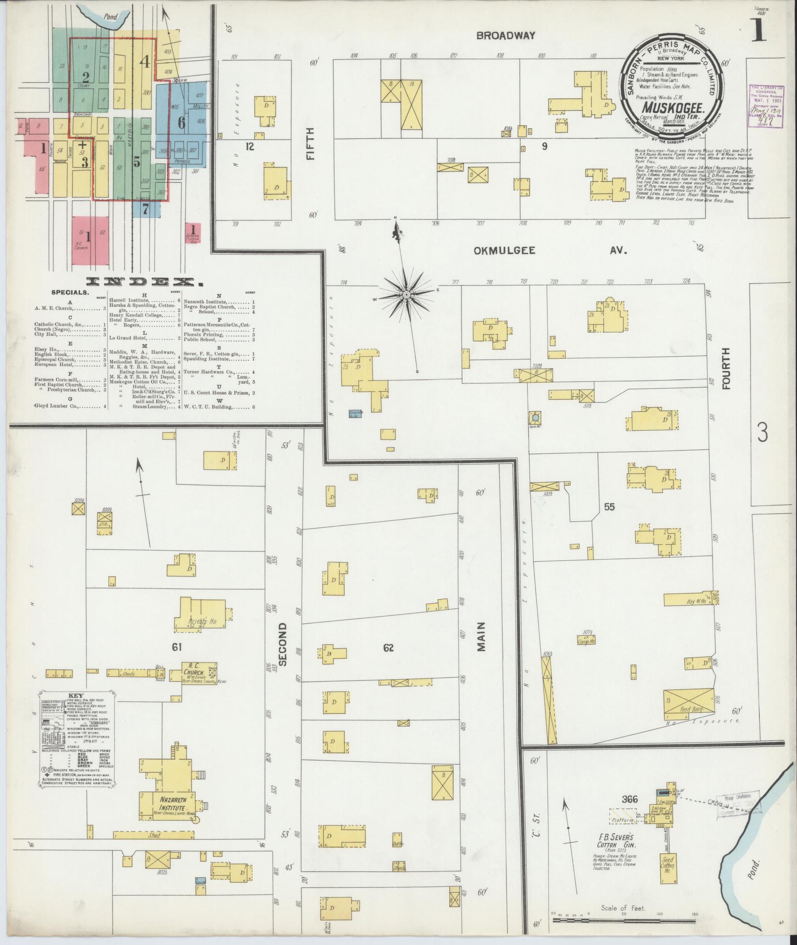 Sanborn Fire Insurance Map from Muskogee, Muskogee County, Oklahoma (1901), Sheet #0001 - Complete Map Set gallery image, historic Sanborn map, vintage wall art, Oklahoma Oklahoma