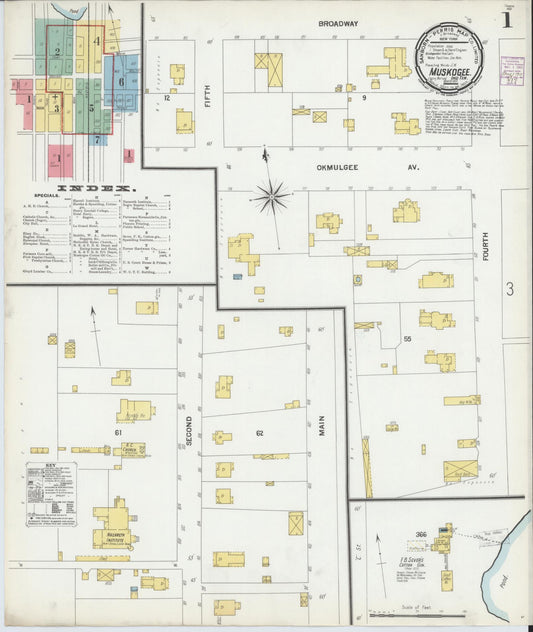 Sanborn Fire Insurance Map from Muskogee, Muskogee County, Oklahoma (1901), Sheet #0001 - Complete Map Set gallery image, historic Sanborn map, vintage wall art, Oklahoma Oklahoma