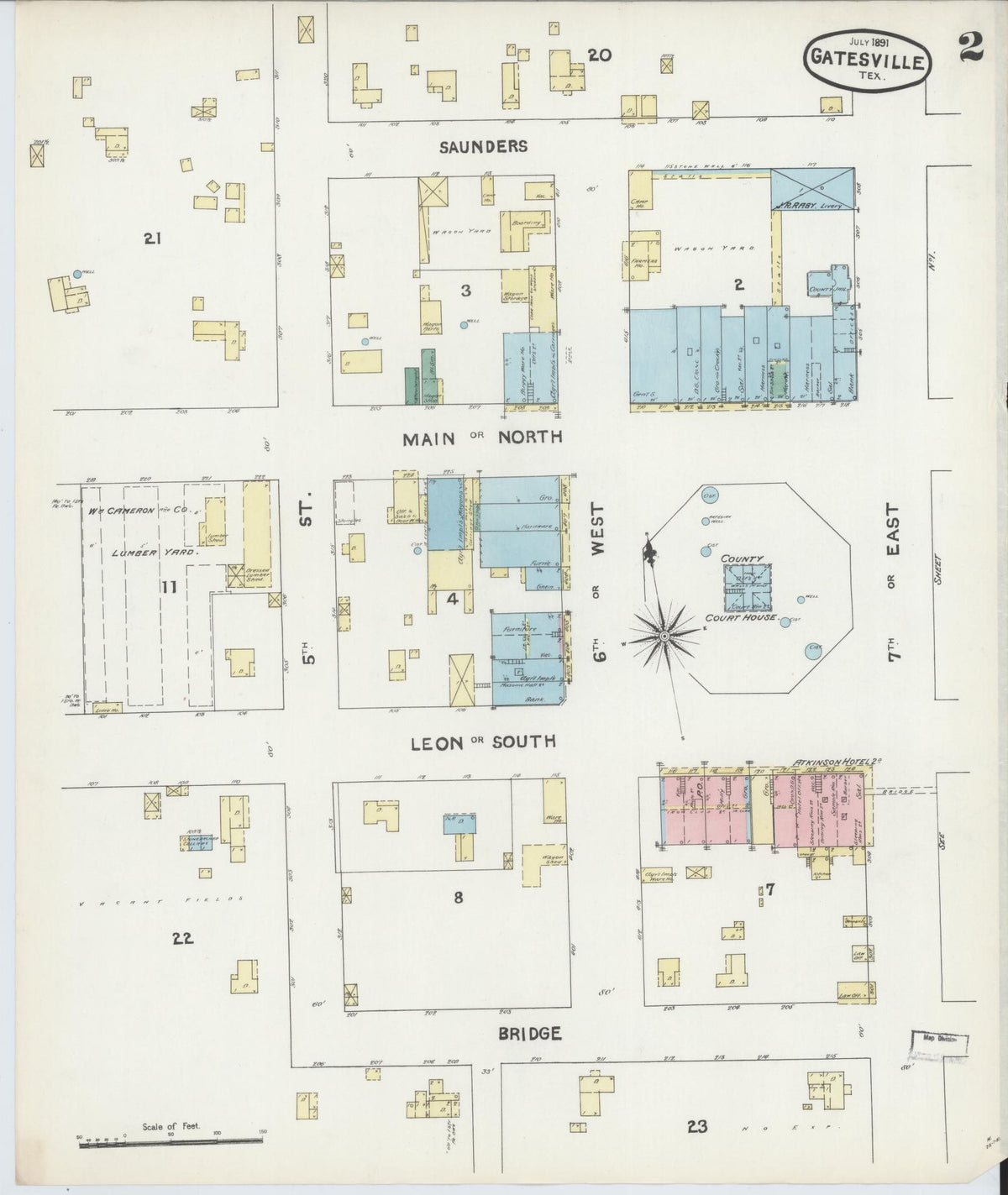 Sanborn Fire Insurance Map from Gatesville, Coryell County, Texas (1891), Sheet #0002 - Complete Map Set gallery image, historic Sanborn map, vintage wall art, Texas Texas