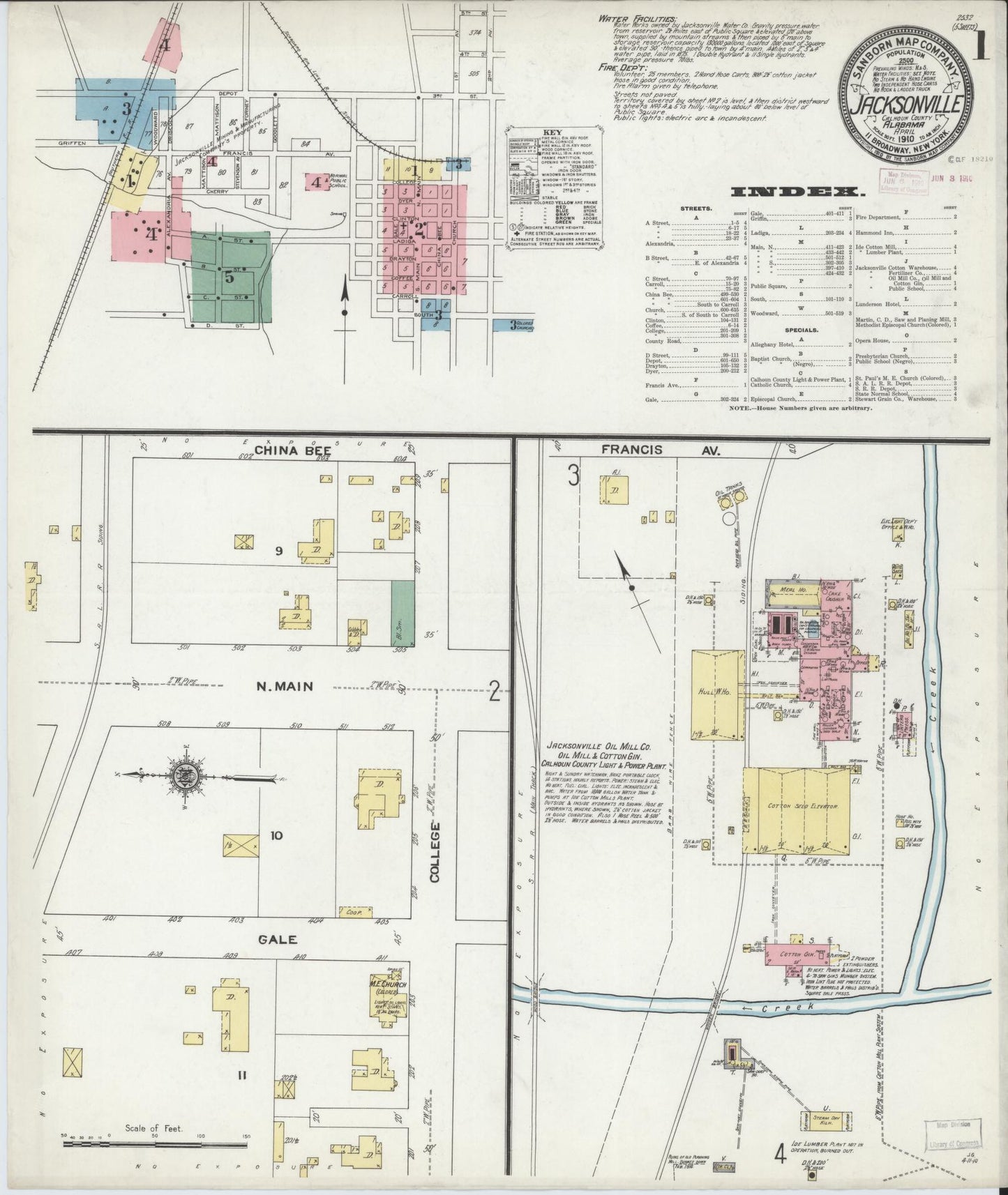 Sanborn Fire Insurance Map from Jacksonville, Calhoun County, Alabama (1910), Sheet #0001 - Historic Sanborn Fire Insurance Map Print, vintage old map wall art, antique decor, genealogy gift, Alabama Alabama map