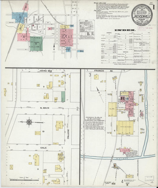 Sanborn Fire Insurance Map from Jacksonville, Calhoun County, Alabama (1910), Sheet #0001 - Historic Sanborn Fire Insurance Map Print, vintage old map wall art, antique decor, genealogy gift, Alabama Alabama map