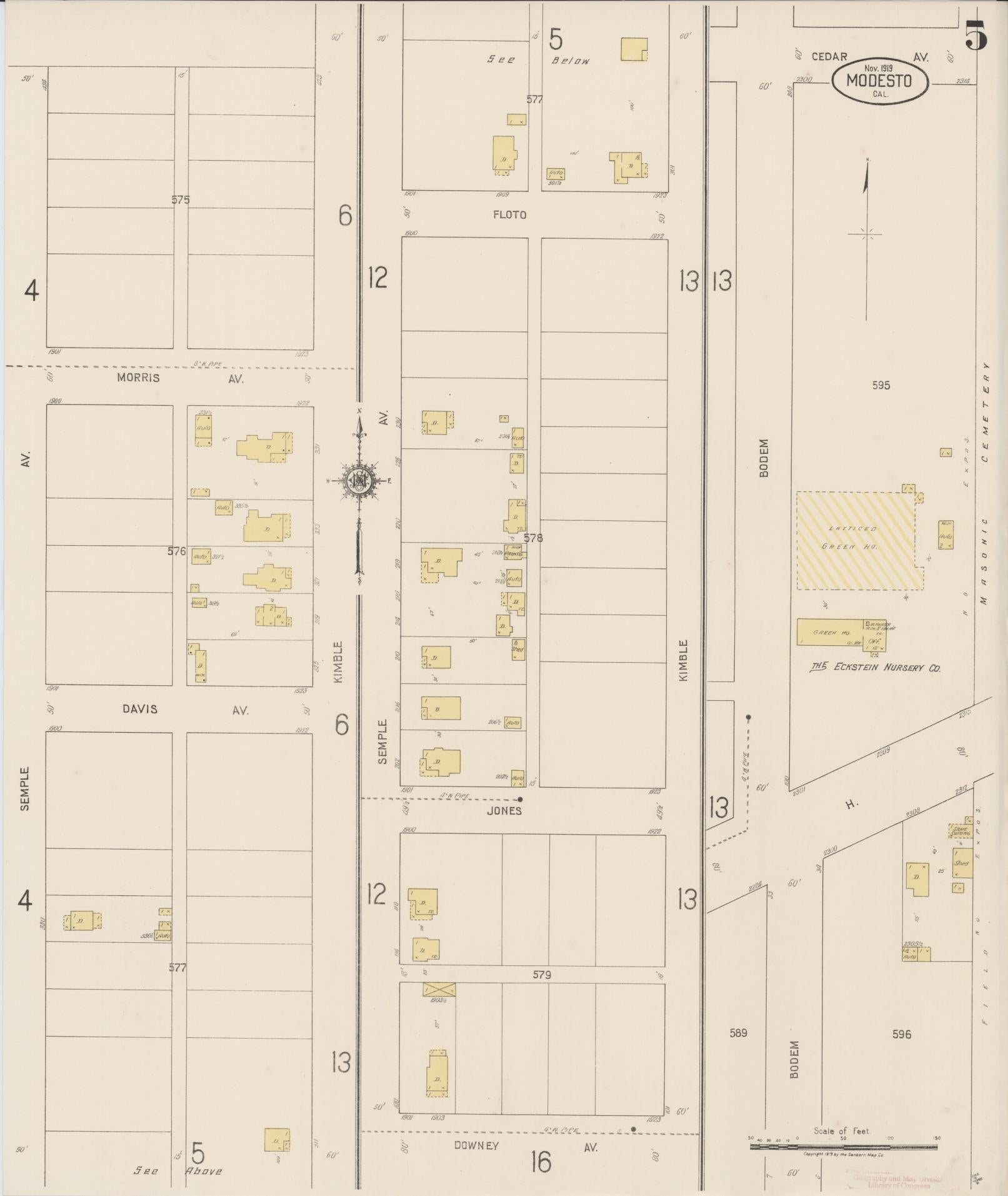 Sanborn Fire Insurance Map from Modesto, Stanislaus County, California (1919), Sheet #0005 - Complete Map Set gallery image, historic Sanborn map, vintage wall art, California California
