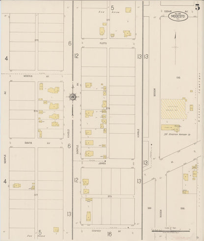 Sanborn Fire Insurance Map from Modesto, Stanislaus County, California (1919), Sheet #0005 - Complete Map Set gallery image, historic Sanborn map, vintage wall art, California California