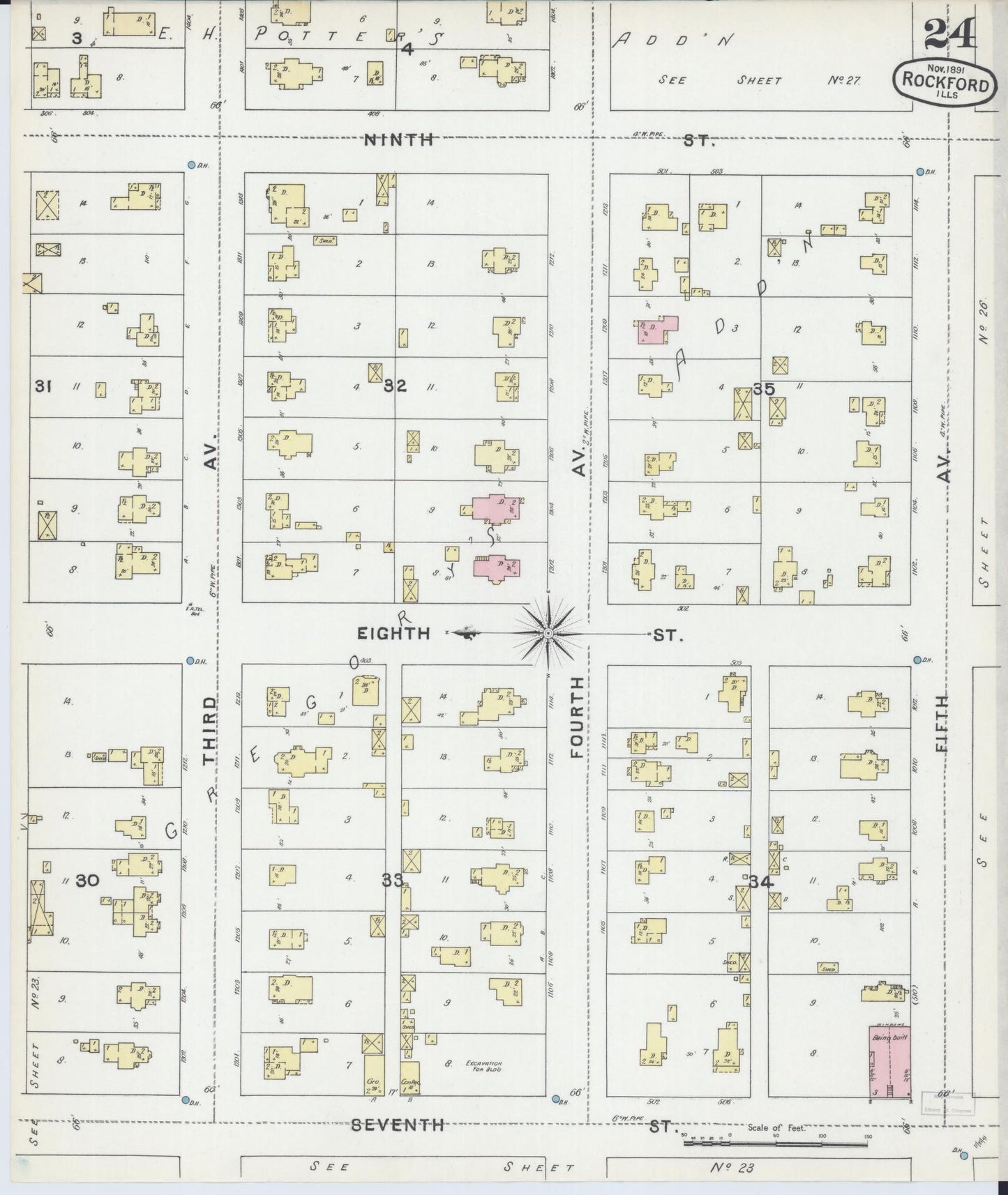 Sanborn Fire Insurance Map from Rockford, Winnebago County, Illinois (1891), Sheet #0024 - Complete Map Set gallery image, historic Sanborn map, vintage wall art, Illinois Illinois