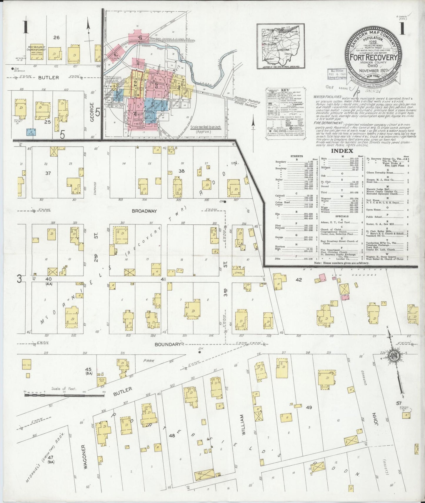Sanborn Fire Insurance Map from Fort Recovery, Mercer County, Ohio (1927), Sheet #0001 - Historic Sanborn Fire Insurance Map Print, vintage old map wall art, antique decor, genealogy gift, Ohio Ohio map
