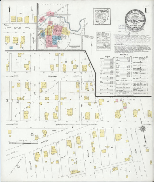 Sanborn Fire Insurance Map from Fort Recovery, Mercer County, Ohio (1927), Sheet #0001 - Historic Sanborn Fire Insurance Map Print, vintage old map wall art, antique decor, genealogy gift, Ohio Ohio map