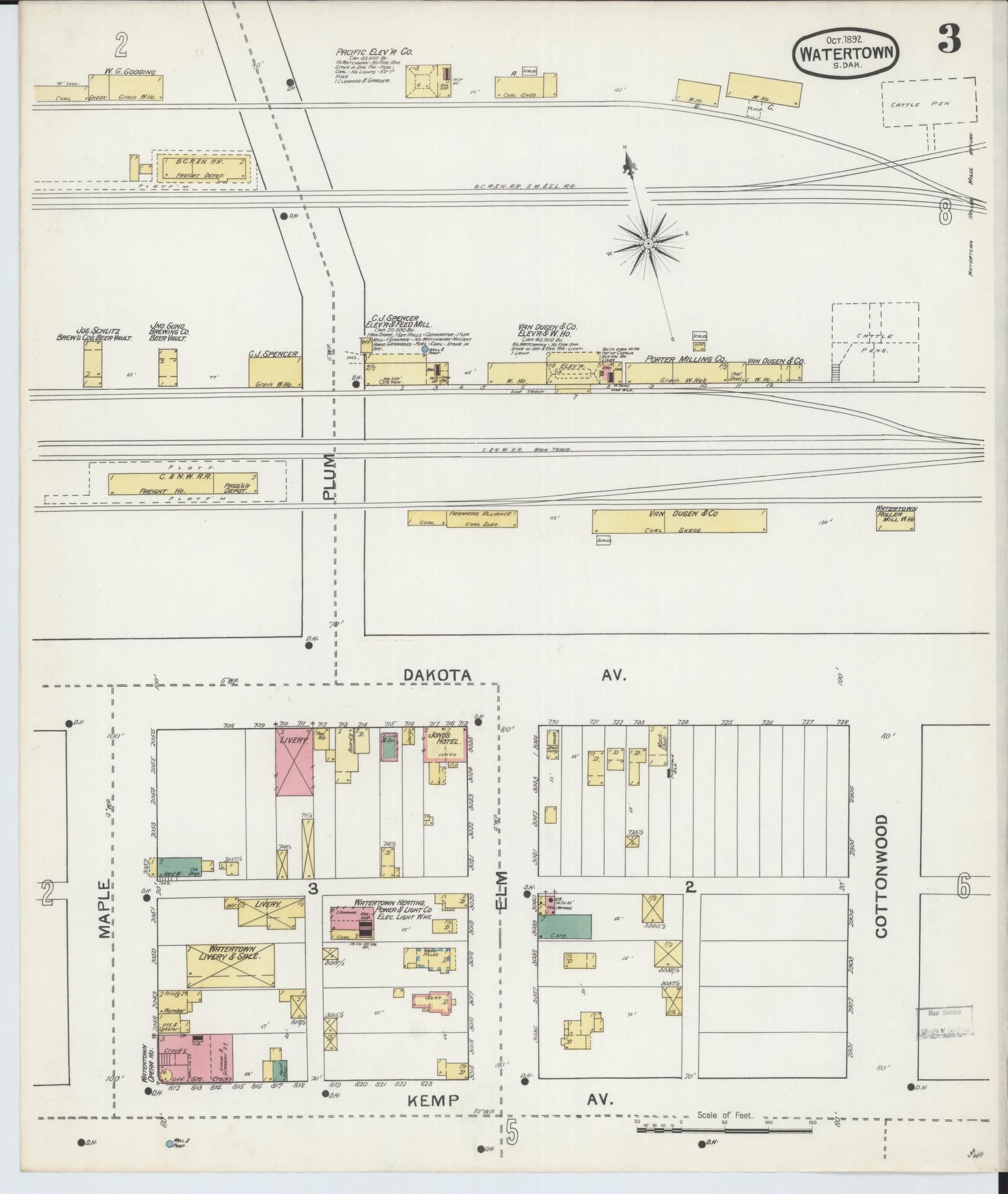 Sanborn Fire Insurance Map from Watertown, Codington County, South Dakota (1892), Sheet #0003 - Historic Sanborn Fire Insurance Map Print, vintage old map wall art, antique decor, genealogy gift, South Dakota South Dakota map