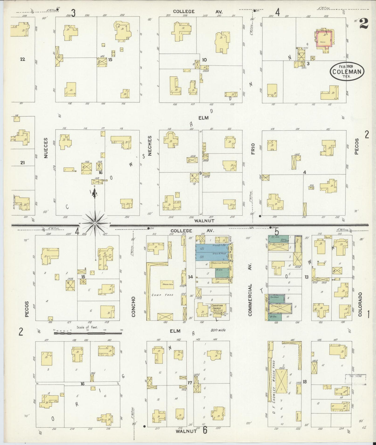 Sanborn Fire Insurance Map from Coleman, Coleman County, Texas (1909), Sheet #0002 - Complete Map Set gallery image, historic Sanborn map, vintage wall art, Texas Texas