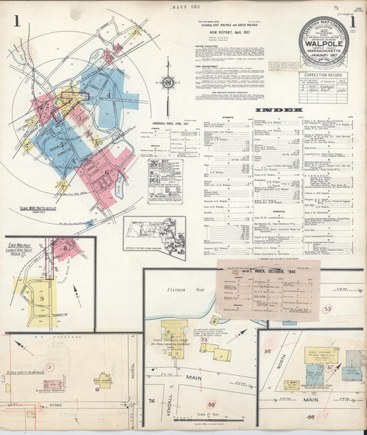 Sanborn Fire Insurance Map from Walpole, Norfolk County, Massachusetts (1944), Sheet #0001 - Historic Sanborn Fire Insurance Map Print, vintage old map wall art, antique decor, genealogy gift, Massachusetts Massachusetts map