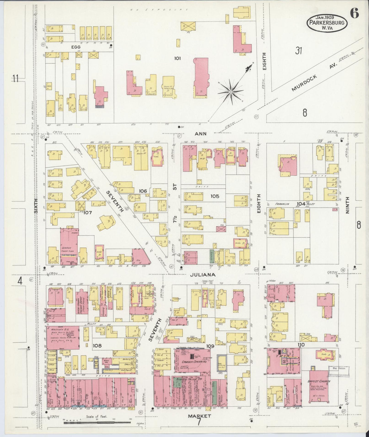Sanborn Fire Insurance Map from Parkersburg, Wood County, West Virginia (1909), Sheet #0006 - Complete Map Set gallery image, historic Sanborn map, vintage wall art, West Virginia West Virginia