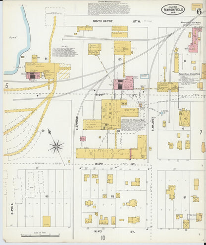 Sanborn Fire Insurance Map from Marshfield, Wood County, Wisconsin (1904), Sheet #0006 - Historic Sanborn Fire Insurance Map Print, vintage old map wall art, antique decor, genealogy gift, Wisconsin Wisconsin map