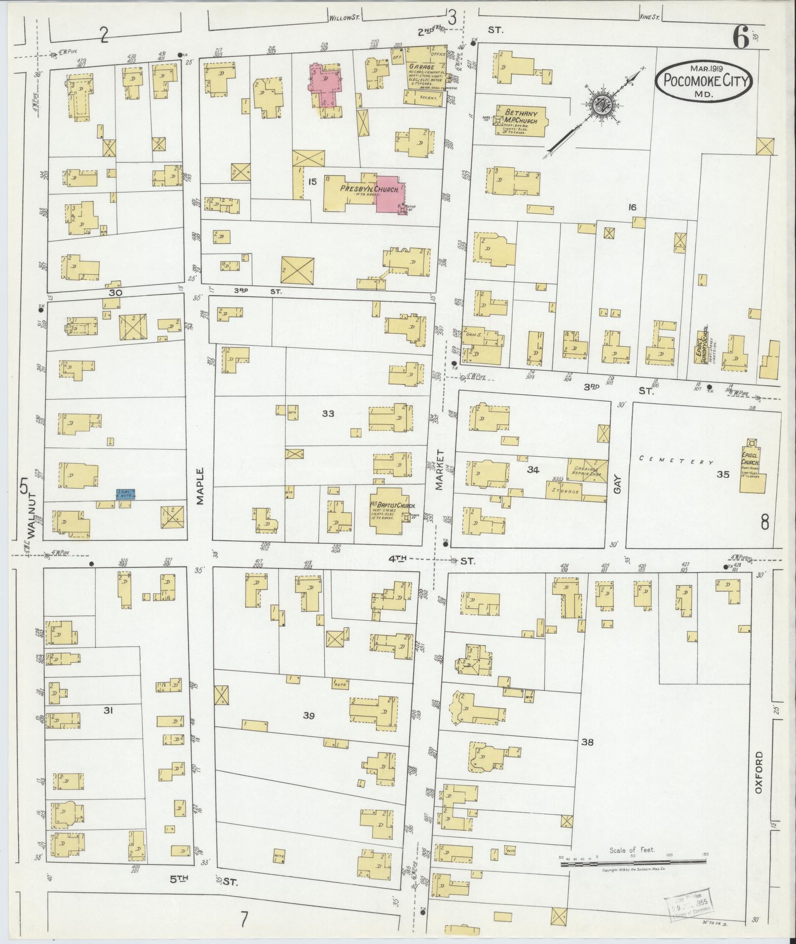 Sanborn Fire Insurance Map from Pocomoke City, Worcester County, Maryland (1919), Sheet #0006 - Historic Sanborn Fire Insurance Map Print, vintage old map wall art