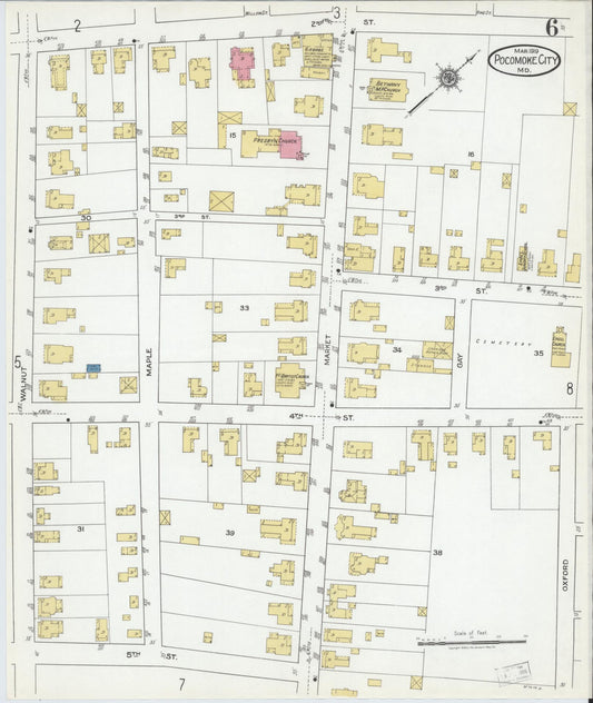 Sanborn Fire Insurance Map from Pocomoke City, Worcester County, Maryland (1919), Sheet #0006 - Historic Sanborn Fire Insurance Map Print, vintage old map wall art