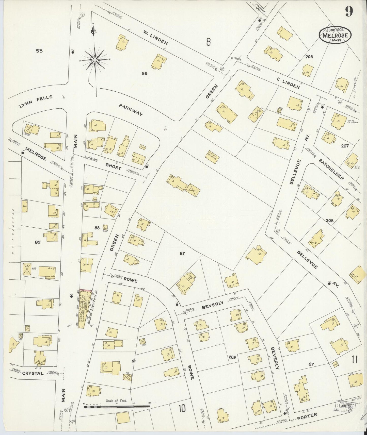 Sanborn Fire Insurance Map from Melrose, Middlesex County, Massachusetts (1909), Sheet #0009 - Complete Map Set gallery image, historic Sanborn map, vintage wall art, Massachusetts Massachusetts