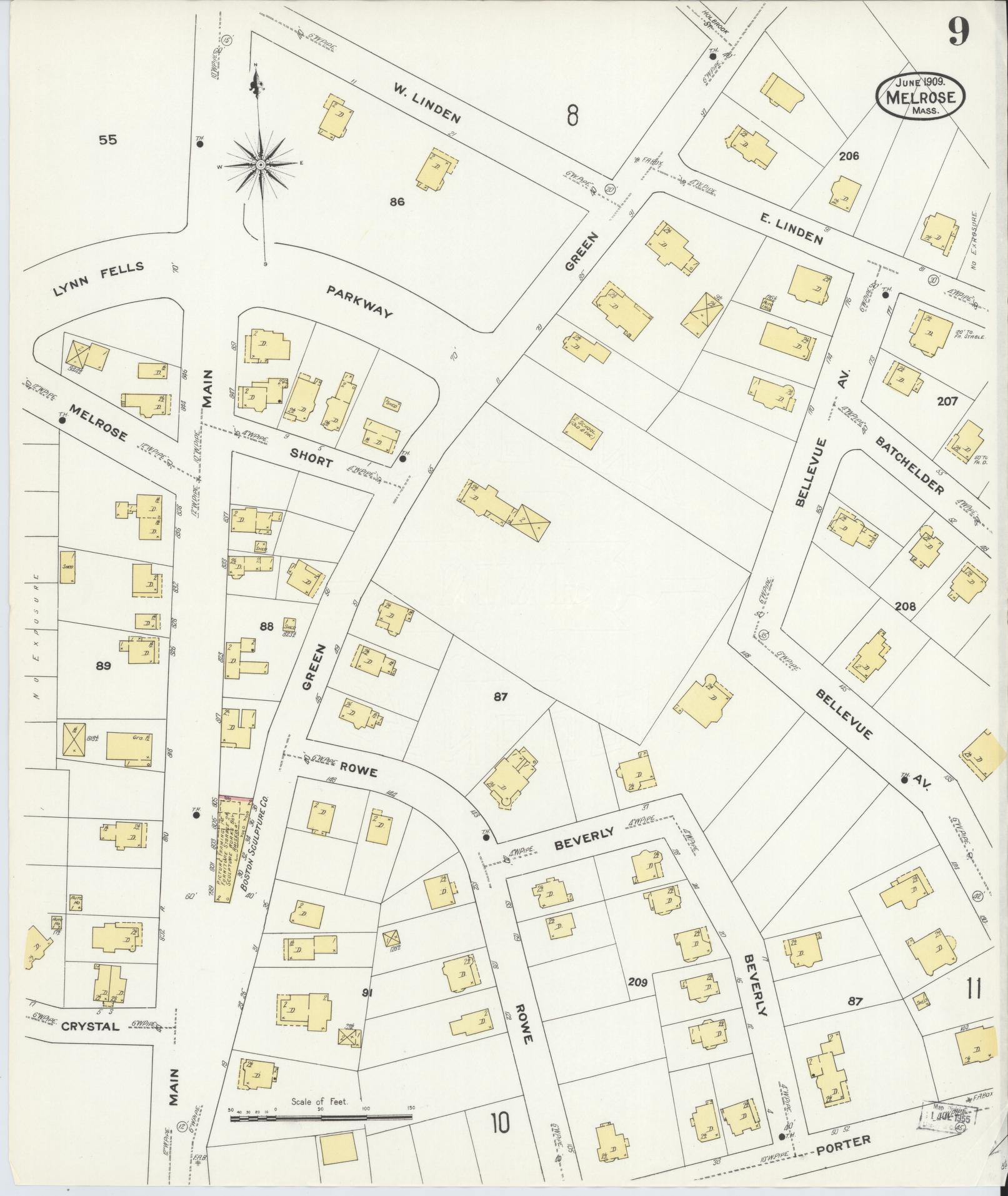Sanborn Fire Insurance Map from Melrose, Middlesex County, Massachusetts (1909), Sheet #0009 - Complete Map Set gallery image, historic Sanborn map, vintage wall art, Massachusetts Massachusetts