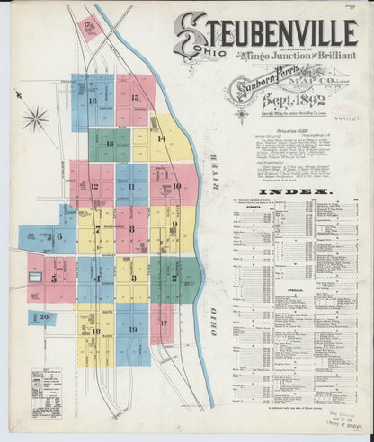 Sanborn Fire Insurance Map from Steubenville, Jefferson County, Ohio (1892), Sheet #0001 - Historic Sanborn Fire Insurance Map Print, vintage old map wall art, antique decor, genealogy gift, Ohio Ohio map
