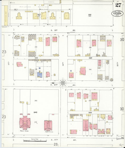 Sanborn Fire Insurance Map from Tucson, Pima County, Arizona (1909), Sheet #0027 - Historic Sanborn Fire Insurance Map Print, vintage old map wall art, antique decor, genealogy gift, Arizona Arizona map