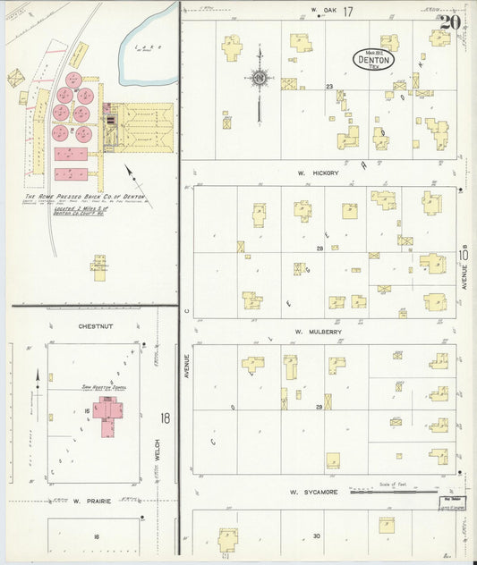 Sanborn Fire Insurance Map from Denton, Denton County, Texas (1912), Sheet #0020 - Historic Sanborn Fire Insurance Map Print, vintage old map wall art, antique decor, genealogy gift, Texas Texas map